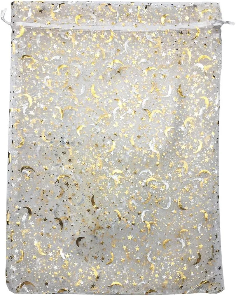 50PCS 12x16 Inches Organza Gift Bags with Drawstring Gift Packaging Big Bags (White,Stars Moon)