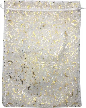 50PCS 12x16 Inches Organza Gift Bags with Drawstring Gift Packaging Big Bags (White,Stars Moon)