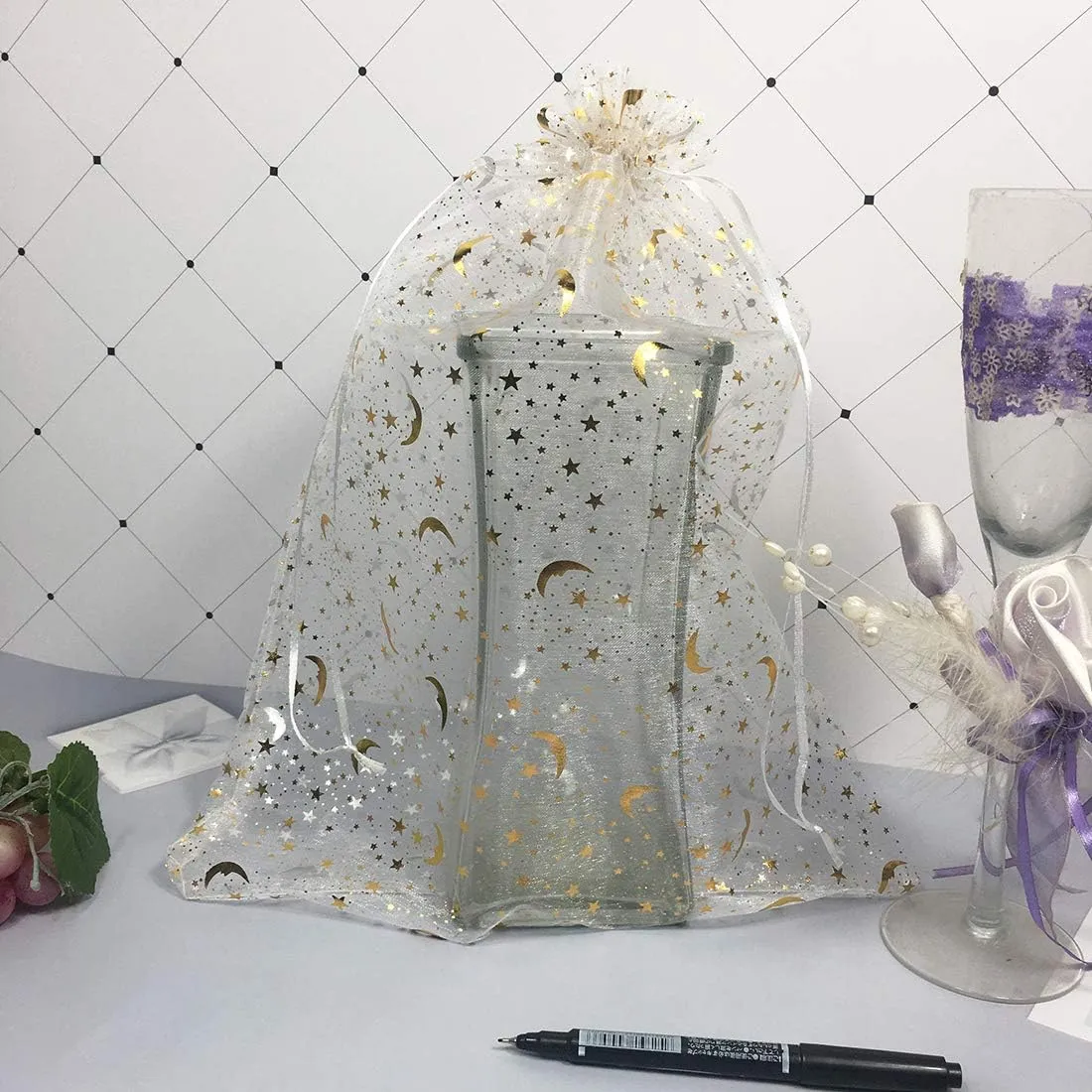 50PCS 12x16 Inches Organza Gift Bags with Drawstring Gift Packaging Big Bags (White,Stars Moon)