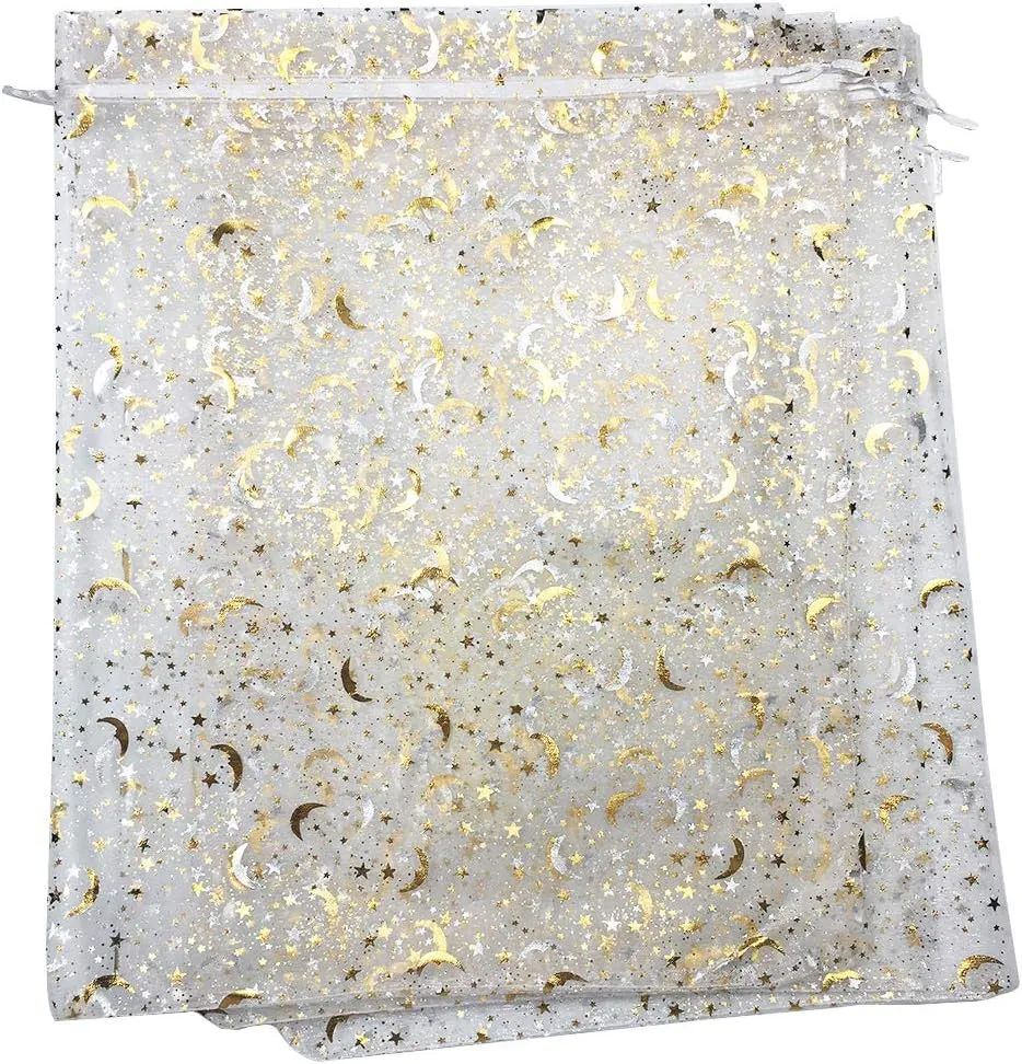 50PCS 12x16 Inches Organza Gift Bags with Drawstring Gift Packaging Big Bags (White,Stars Moon)