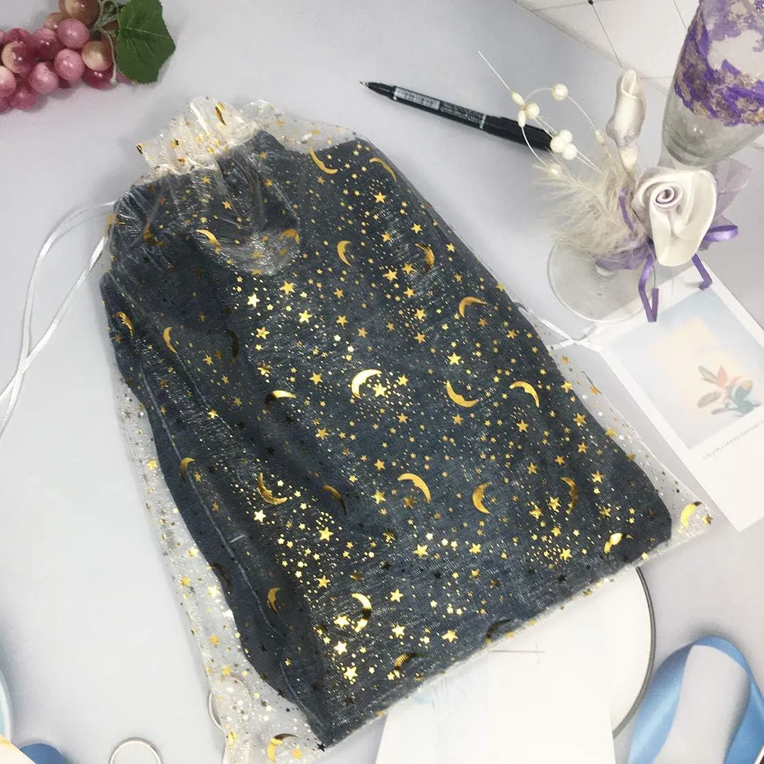 50PCS 12x16 Inches Organza Gift Bags with Drawstring Gift Packaging Big Bags (White,Stars Moon)