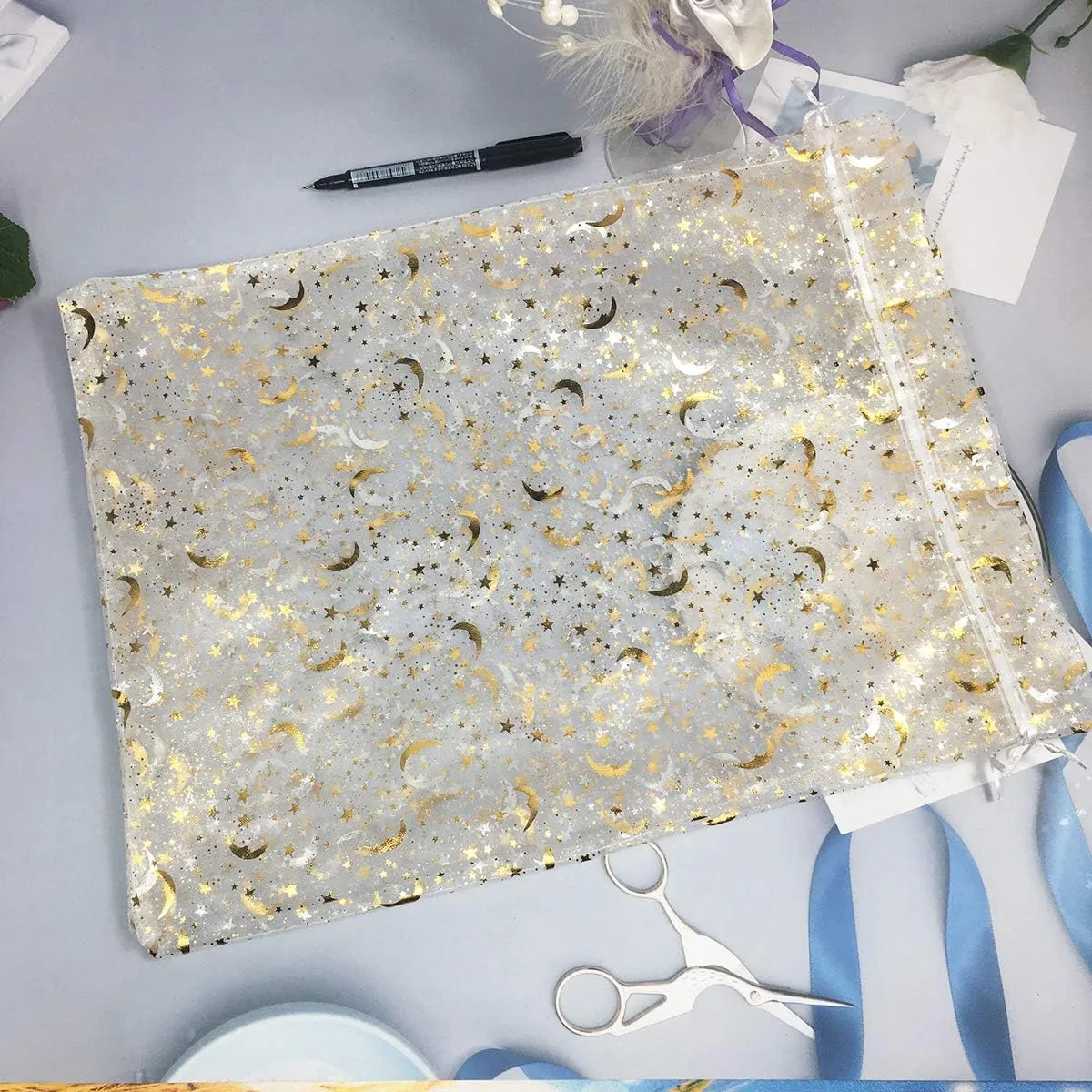 50PCS 12x16 Inches Organza Gift Bags with Drawstring Gift Packaging Big Bags (White,Stars Moon)