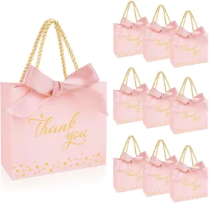 50Pcs Thank You Gift Bags Small Gift Bag with Handle, SHAIDOJIO Mini Pink Party Favor Bags Candy Bags Bulk with Bow Ribbon, Party Favor Boxes for Wedding, Birthday, Bridal Shower, Baby Shower (5.5x2.5x4.7 Inch)