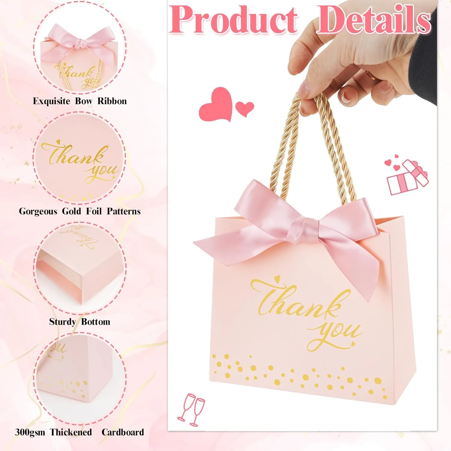 50Pcs Thank You Gift Bags Small Gift Bag with Handle, SHAIDOJIO Mini Pink Party Favor Bags Candy Bags Bulk with Bow Ribbon, Party Favor Boxes for Wedding, Birthday, Bridal Shower, Baby Shower (5.5x2.5x4.7 Inch)
