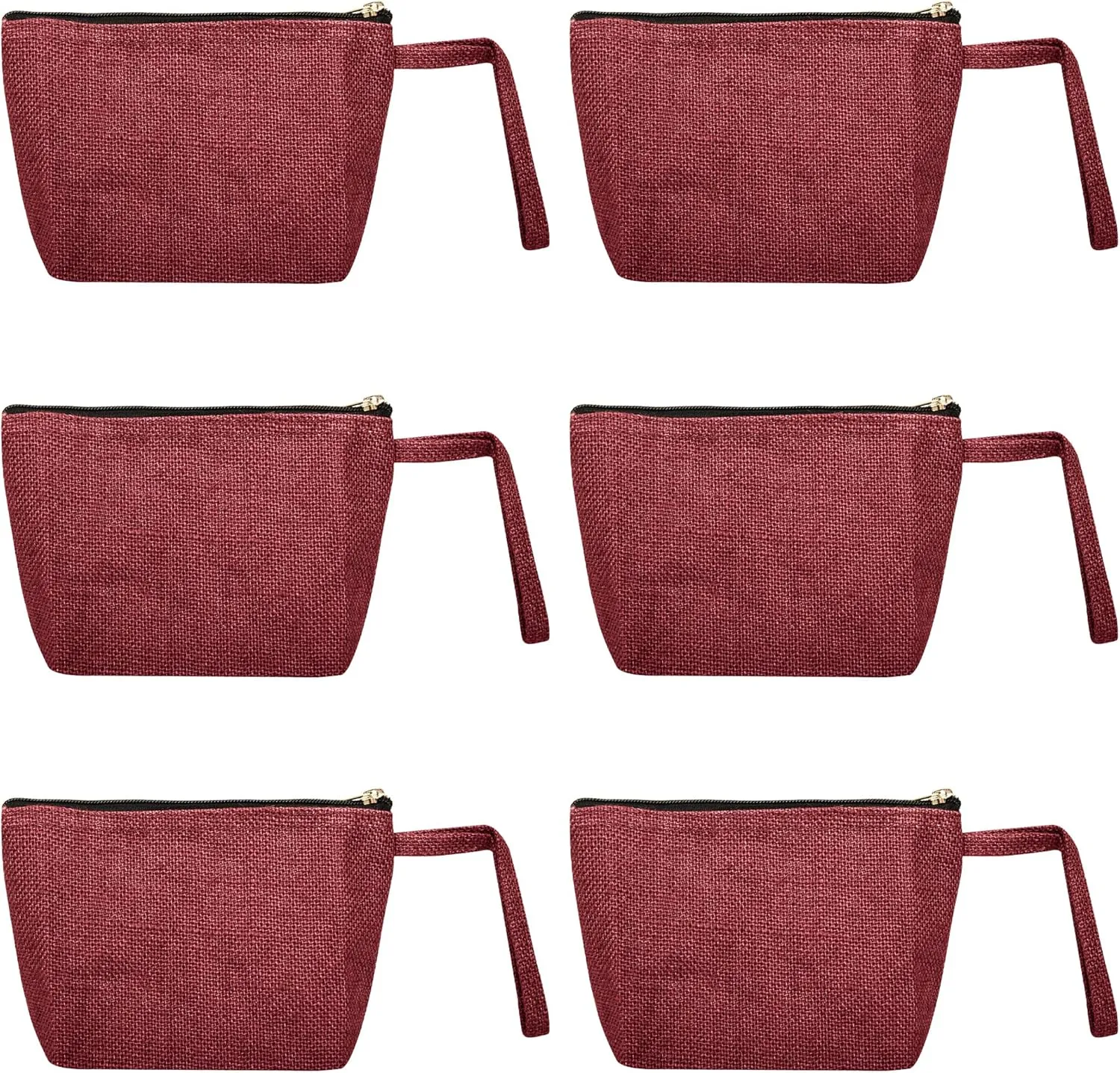 6-Pack Deep Red Colour Jute Cosmetic Bags – Zippered Makeup & Toiletry Pouches with Flat Bottom| Travel-Friendly Organizer – 5.11" H x 7.88" L x 2.55" B