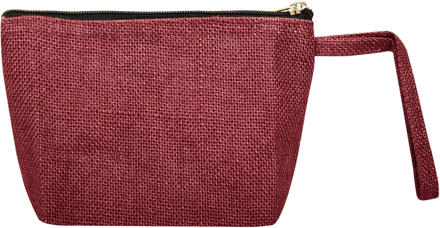 6-Pack Deep Red Colour Jute Cosmetic Bags – Zippered Makeup & Toiletry Pouches with Flat Bottom| Travel-Friendly Organizer – 5.11" H x 7.88" L x 2.55" B