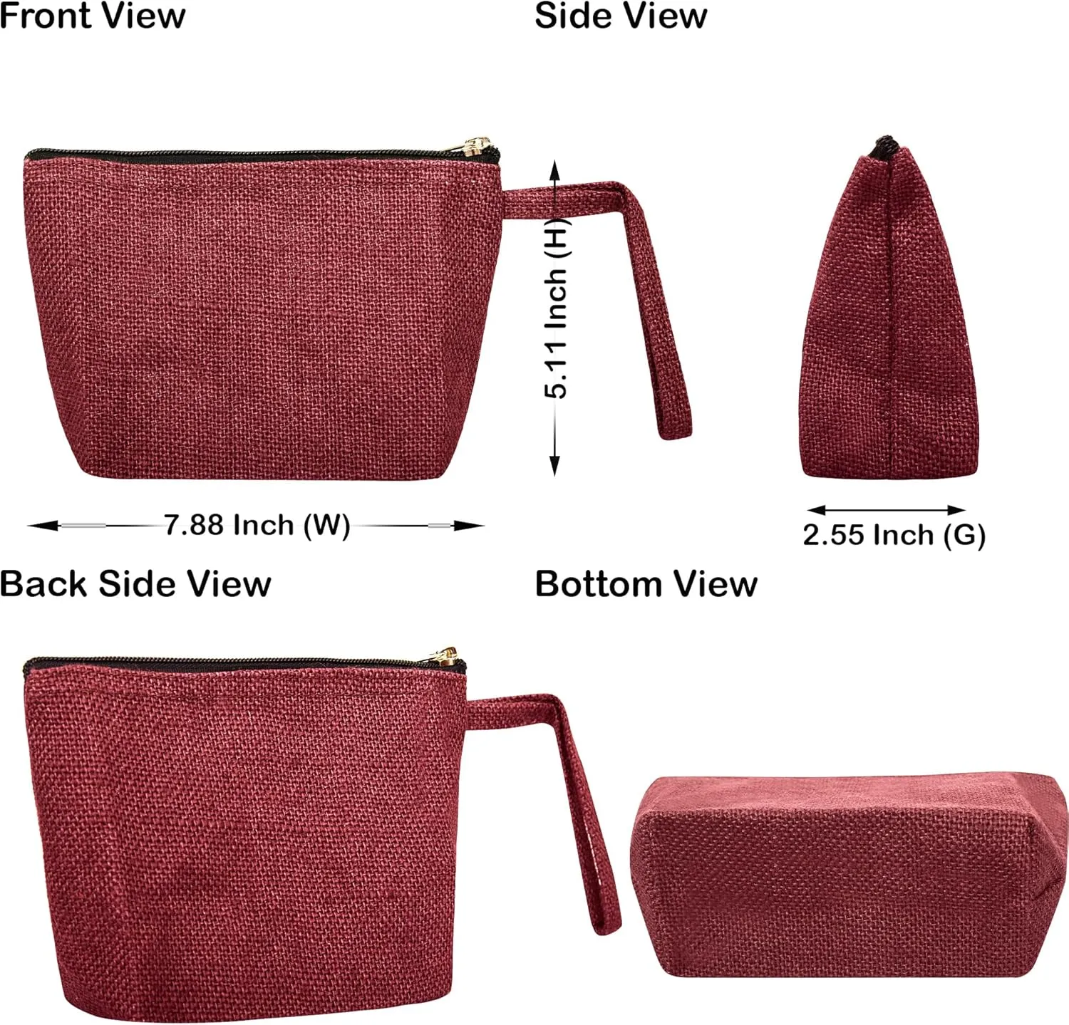 6-Pack Deep Red Colour Jute Cosmetic Bags – Zippered Makeup & Toiletry Pouches with Flat Bottom| Travel-Friendly Organizer – 5.11" H x 7.88" L x 2.55" B