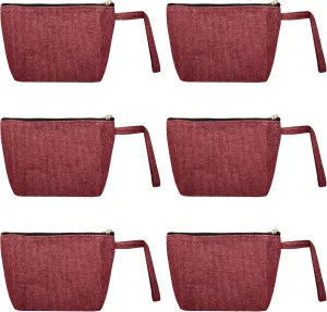 6-Pack Deep Red Colour Jute Cosmetic Bags – Zippered Makeup & Toiletry Pouches with Flat Bottom| Travel-Friendly Organizer – 5.11" H x 7.88" L x 2.55" B
