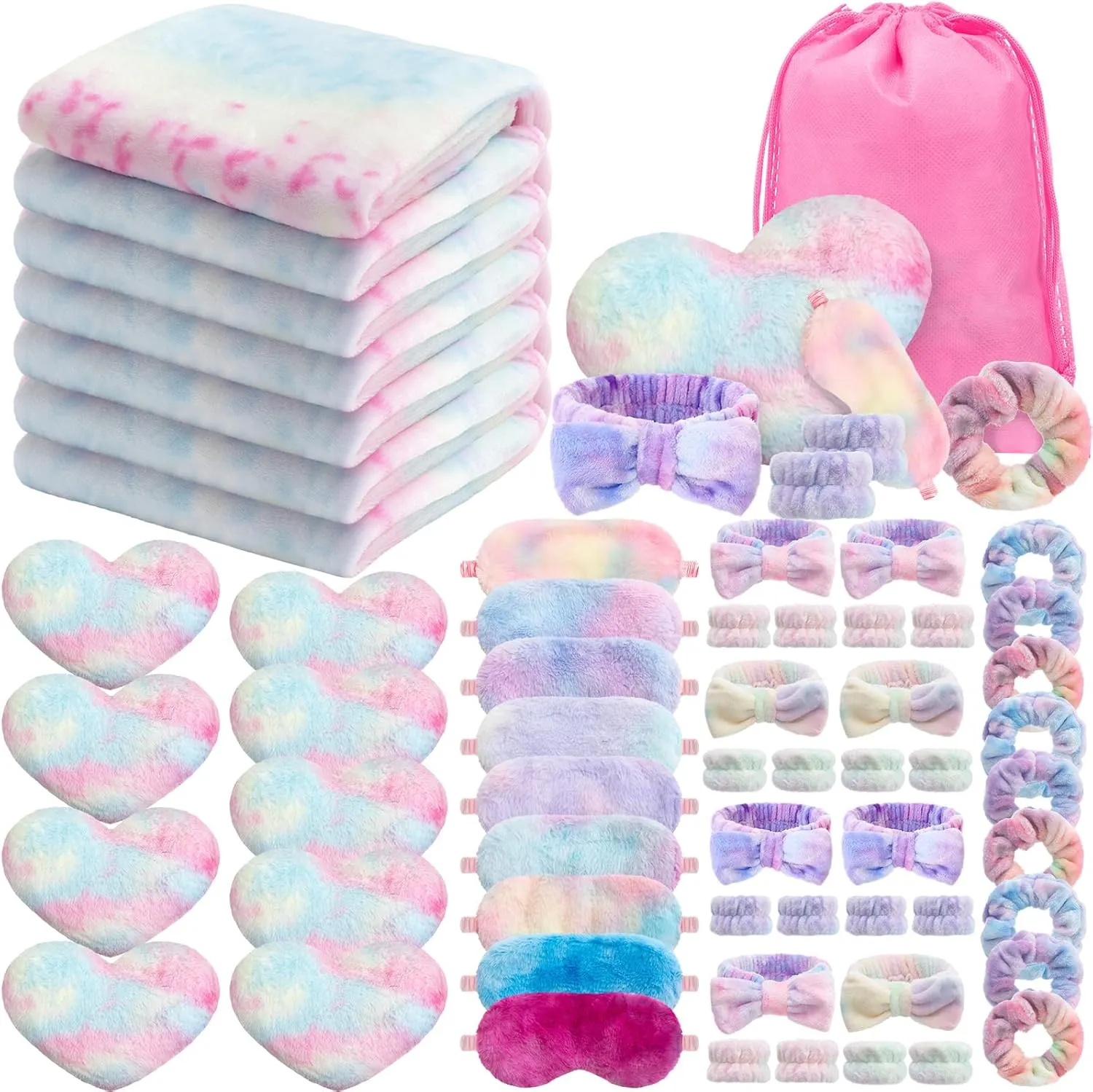 63 Pcs Spa Sleepover Party Supply Set 9 Fleece Blankets 9 Fluffy Heart Throw Pillows 9 Satin Eye Masks 9 Spa Headband 9 Wristband 9 Plush Scrunchies 9 Gift Bags for Slumber Party (Tie Dye)