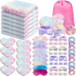 63 Pcs Spa Sleepover Party Supply Set 9 Fleece Blankets 9 Fluffy Heart Throw Pillows 9 Satin Eye Masks 9 Spa Headband 9 Wristband 9 Plush Scrunchies 9 Gift Bags for Slumber Party (Tie Dye)