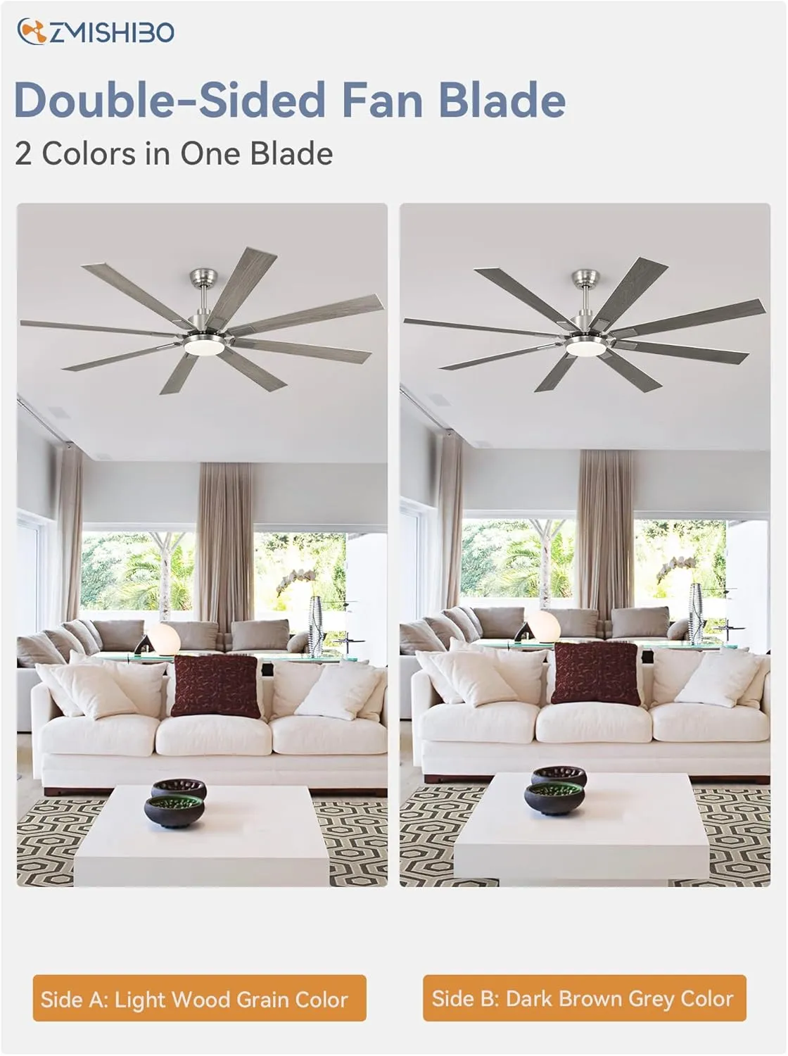 72 inch Brushed Nickel Modern Ceiling Fans with Lights and Remote, Indoor/Outdoor Ceiling Fan for Living Room Patio, 6 Speed Reversible Quiet DC Motor, 3 CCT, Dual Finish Blades
