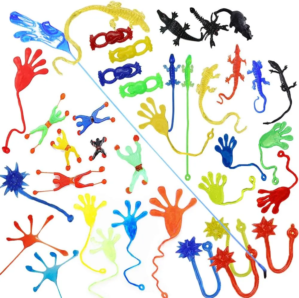 72 Pieces Vinyl Stretchy Sticky Toy Assortment Including Wall Climber Men, Sticky Animals, Large Sticky Hands, Sticky Hammers, Stretchy Flying Frogs and Sticky Frogs
