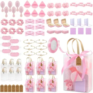 73Pcs Baby Shower Prizes for Game Winners Pink Baby Shower Favors including Scrunchies Hair Brush Eye Mask Bath Sponge Jewelry Box with Powder Puff Compact Mirror Bracelet Gift Bag