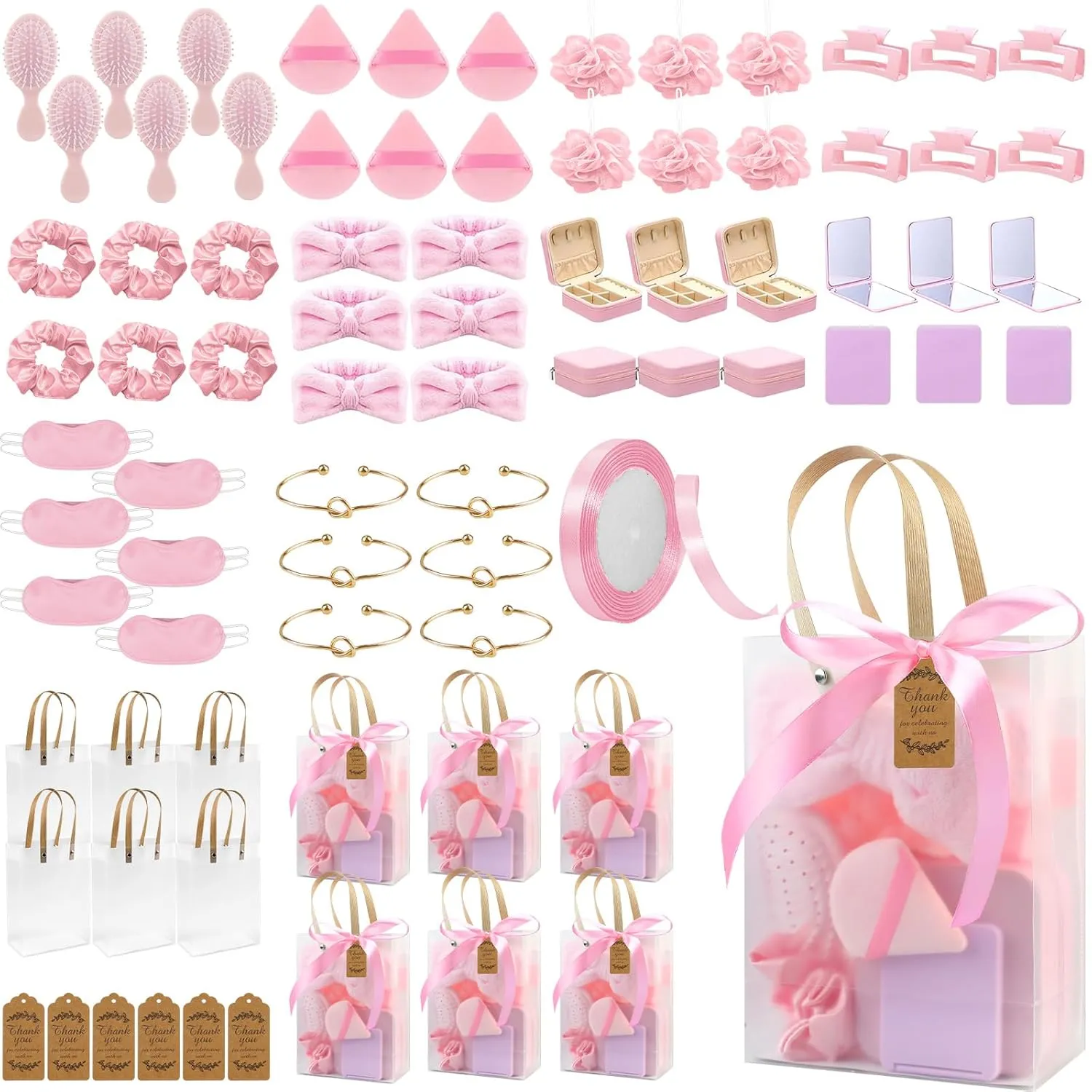 73Pcs Baby Shower Prizes for Game Winners Pink Baby Shower Favors including Scrunchies Hair Brush Eye Mask Bath Sponge Jewelry Box with Powder Puff Compact Mirror Bracelet Gift Bag