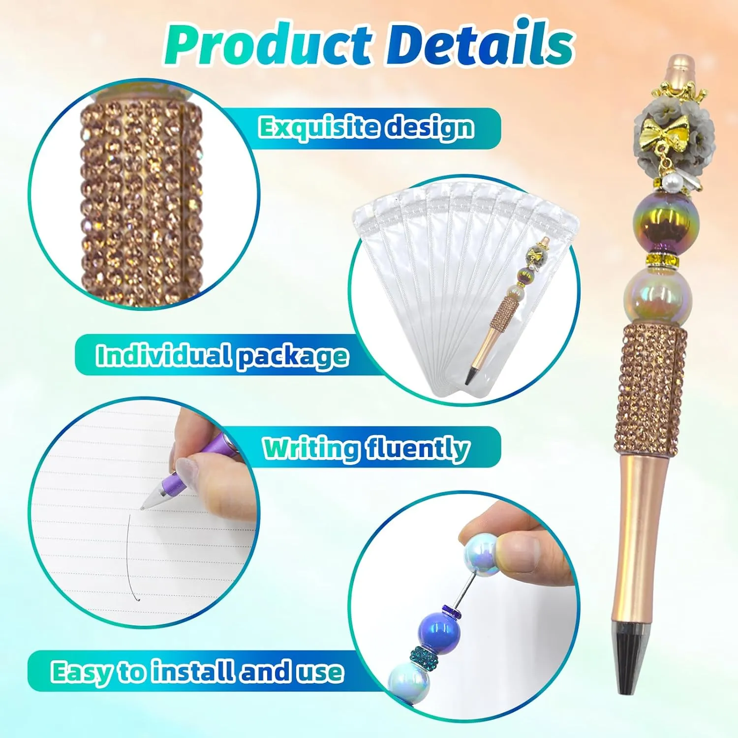 75 Pcs DIY Diamond Beadable Pen Kit - 25 Plastic Rhinestone Beaded Pens Bulk with Refills & Bags - Fancy Cute Glitter Pens for Crafting, Students & Teachers – School Supplies (Gold)