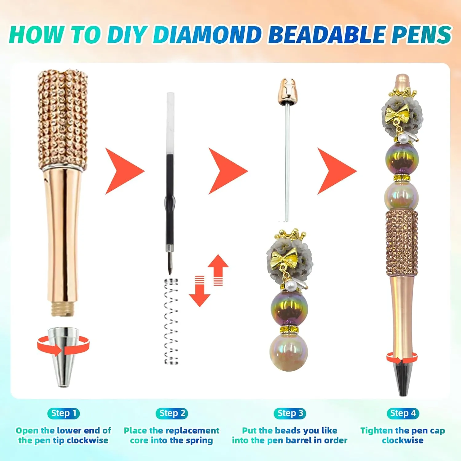 75 Pcs DIY Diamond Beadable Pen Kit - 25 Plastic Rhinestone Beaded Pens Bulk with Refills & Bags - Fancy Cute Glitter Pens for Crafting, Students & Teachers – School Supplies (Gold)
