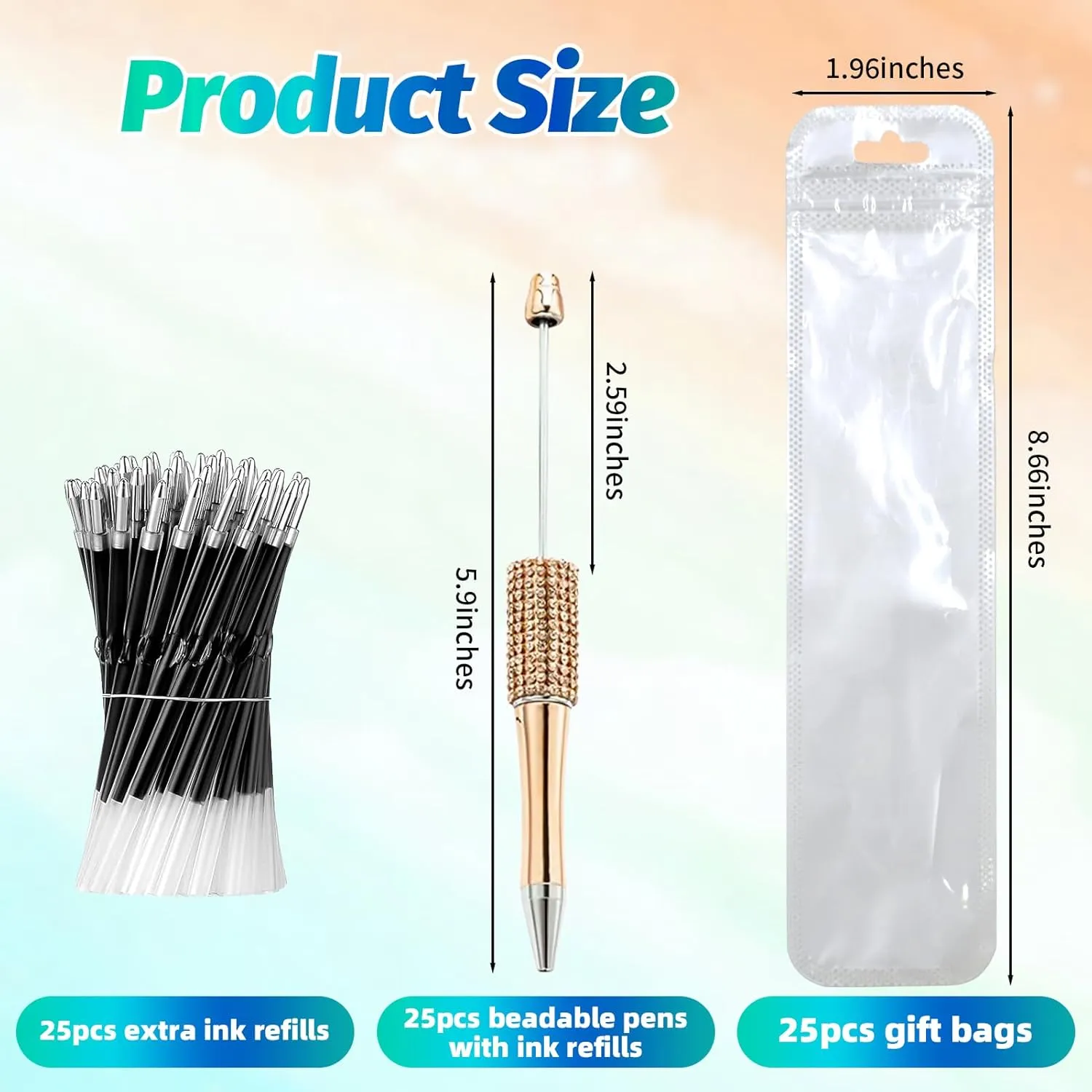 75 Pcs DIY Diamond Beadable Pen Kit - 25 Plastic Rhinestone Beaded Pens Bulk with Refills & Bags - Fancy Cute Glitter Pens for Crafting, Students & Teachers – School Supplies (Gold)