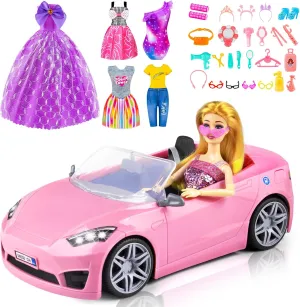 76 Pcs Doll & Convertible Car Playset,Included 11.5 In Doll,Doll Car,Princess Dresses,Fashion Dresses,Casual Clothing,Swimsuits,Bags,Shoes,Doll Playset,Doll Dress up Toys for Girls Kids Toddlers Gifts