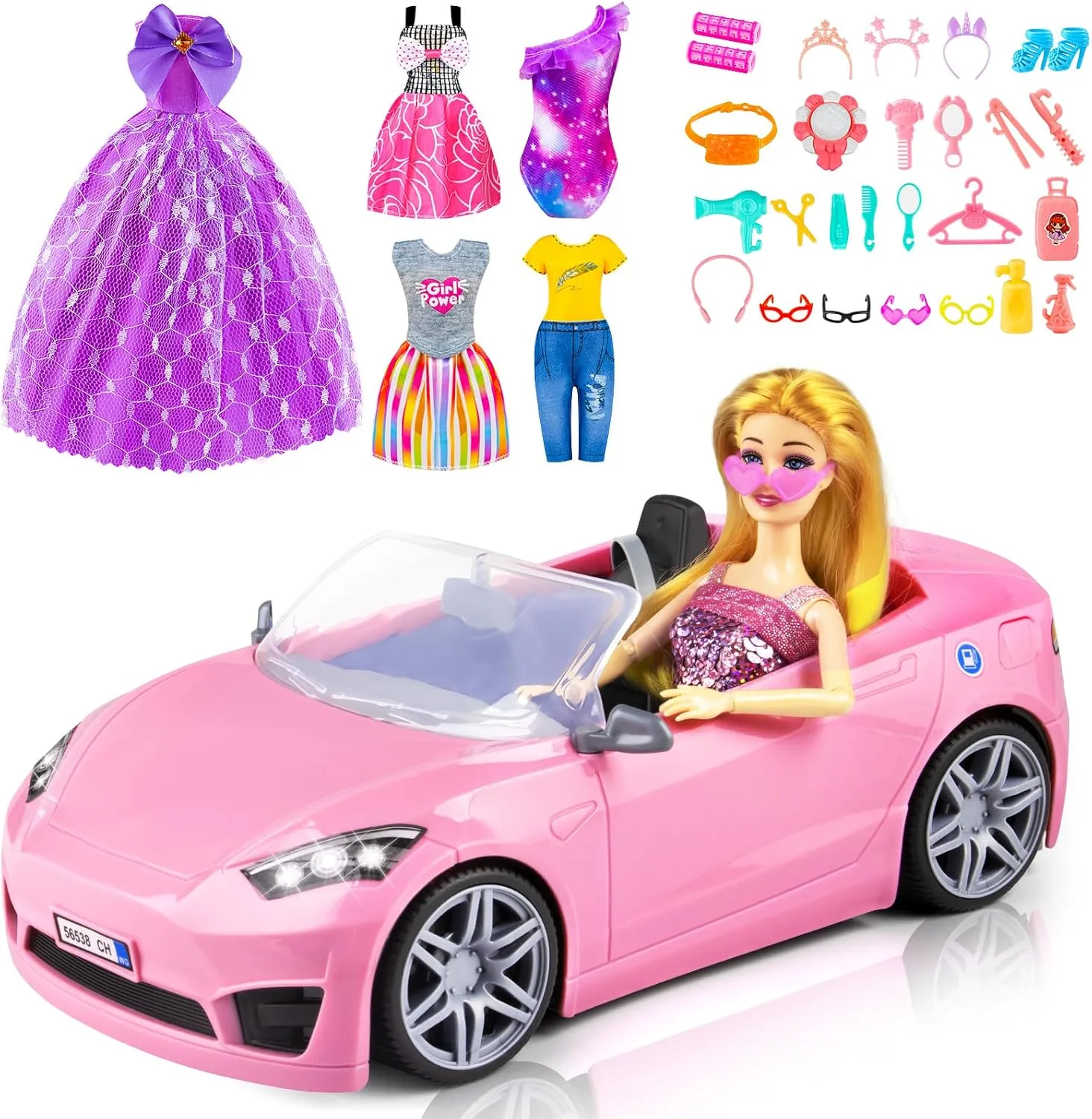 76 Pcs Doll & Convertible Car Playset,Included 11.5 In Doll,Doll Car,Princess Dresses,Fashion Dresses,Casual Clothing,Swimsuits,Bags,Shoes,Doll Playset,Doll Dress up Toys for Girls Kids Toddlers Gifts