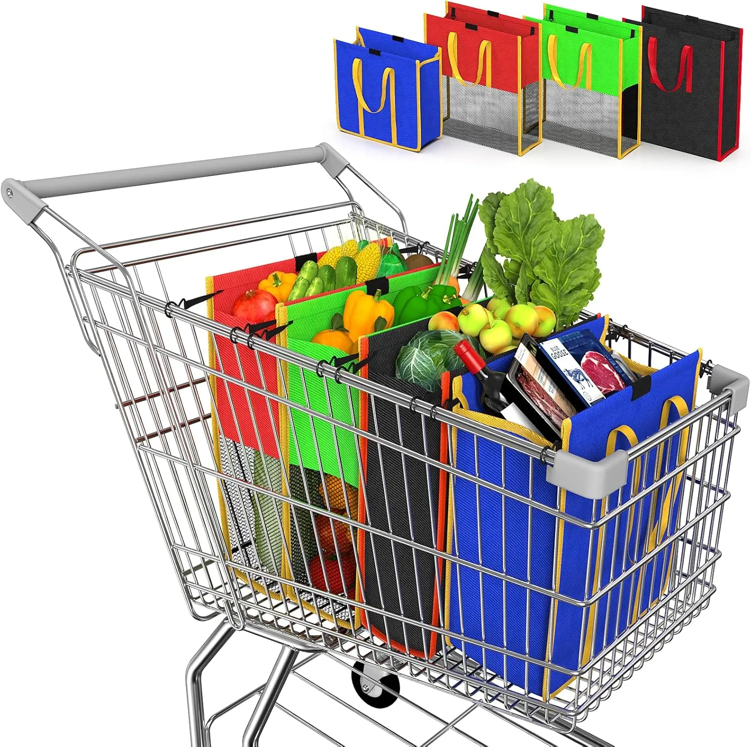 A set of 4 multi-purpose grocery shopping trolley bags, reusable, foldable, washable, food refrigeration