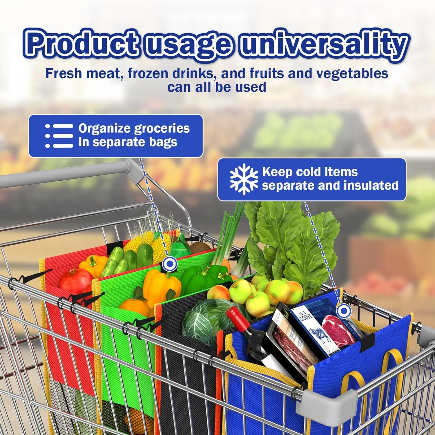 A set of 4 multi-purpose grocery shopping trolley bags, reusable, foldable, washable, food refrigeration