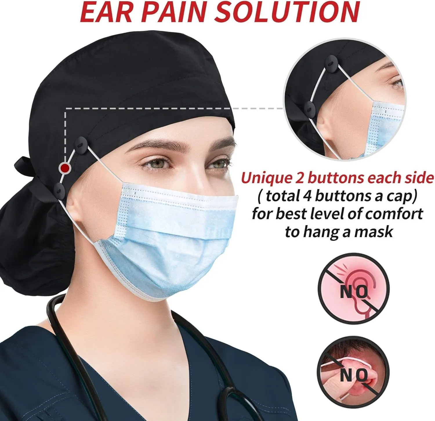 ABAMERICA Scrub Caps for Women Surgical Caps Nurse Hat Functional Ponytail Holder for Long Hair Single or Satin-Lined