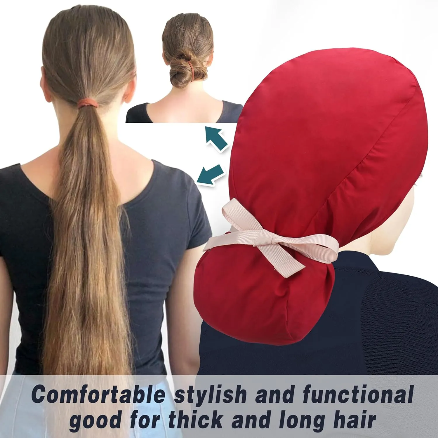 ABAMERICA Scrub Caps for Women Surgical Caps Nurse Hat Functional Ponytail Holder for Long Hair Single or Satin-Lined