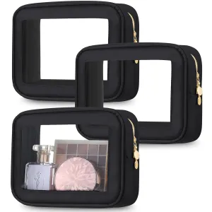 Abbylike 3 Pcs Clear Makeup Bags Travel Cosmetic Organizer Case Nylon Toiletry Bag with Zipper PVC Transparent Makeup Pouch Portable Storage Car Essentials for Women Gifts (Black)