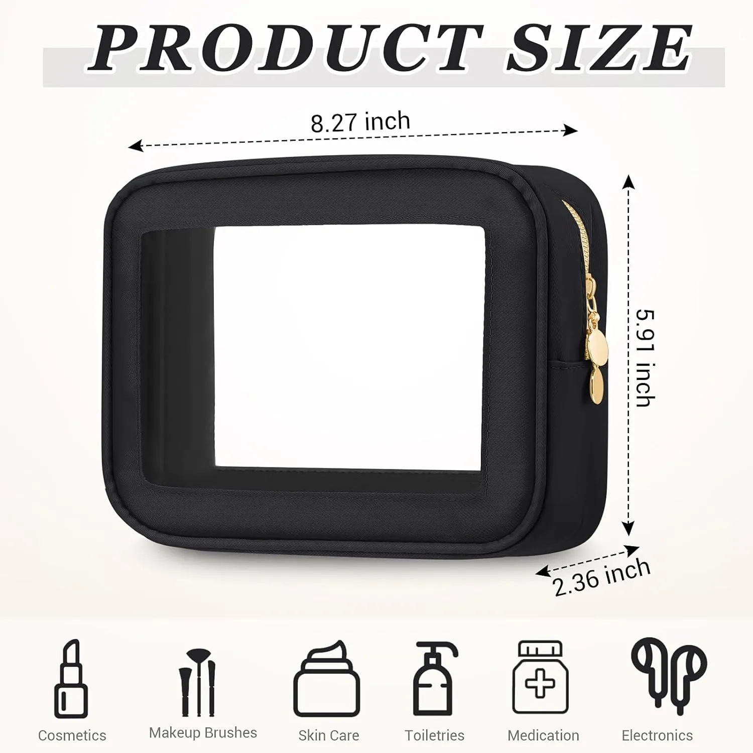 Abbylike 3 Pcs Clear Makeup Bags Travel Cosmetic Organizer Case Nylon Toiletry Bag with Zipper PVC Transparent Makeup Pouch Portable Storage Car Essentials for Women Gifts (Black)