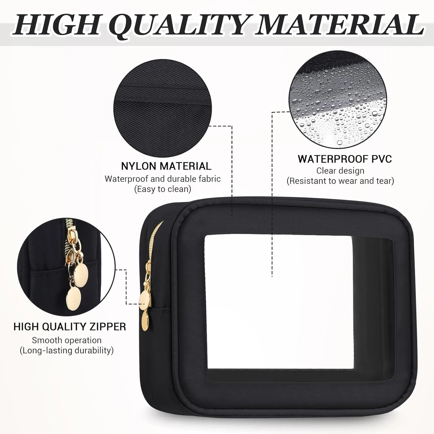 Abbylike 3 Pcs Clear Makeup Bags Travel Cosmetic Organizer Case Nylon Toiletry Bag with Zipper PVC Transparent Makeup Pouch Portable Storage Car Essentials for Women Gifts (Black)