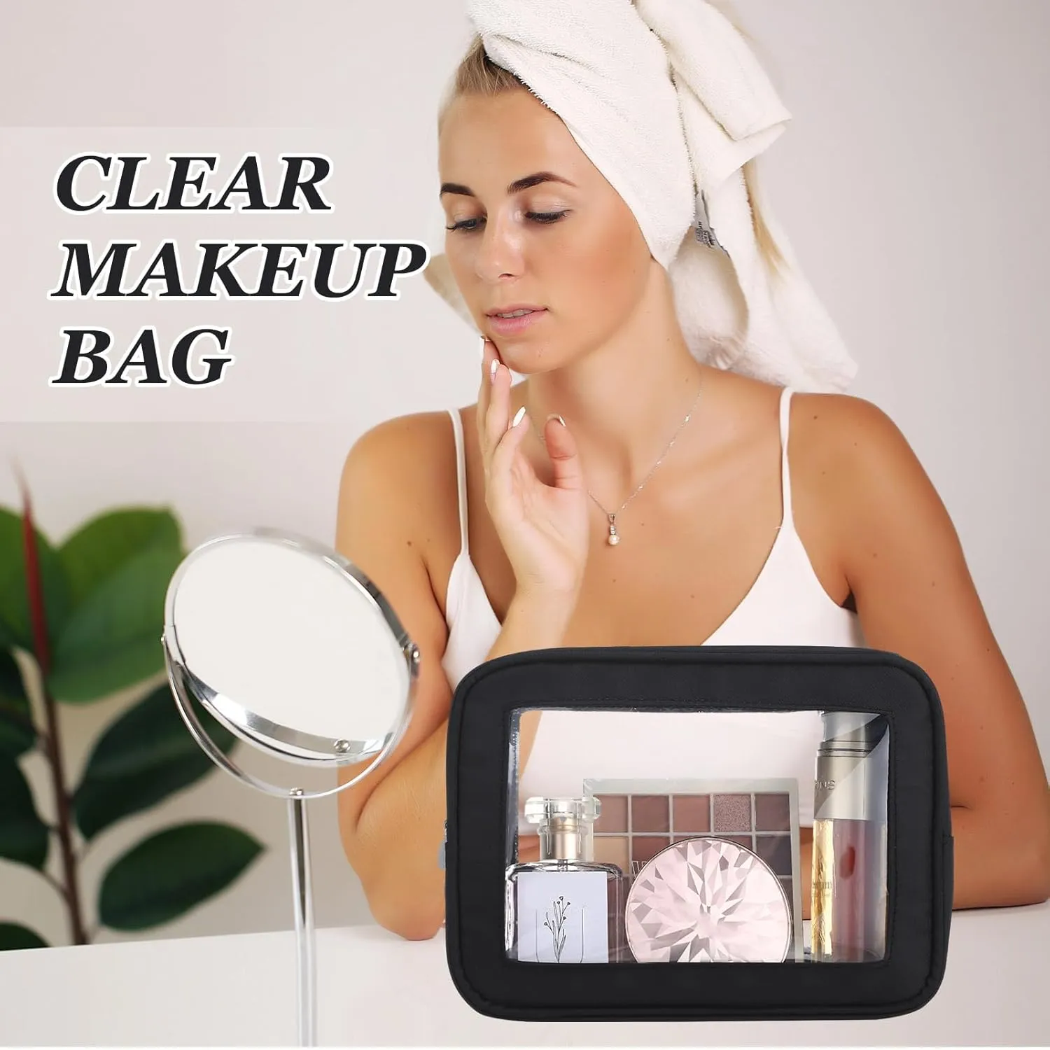 Abbylike 3 Pcs Clear Makeup Bags Travel Cosmetic Organizer Case Nylon Toiletry Bag with Zipper PVC Transparent Makeup Pouch Portable Storage Car Essentials for Women Gifts (Black)