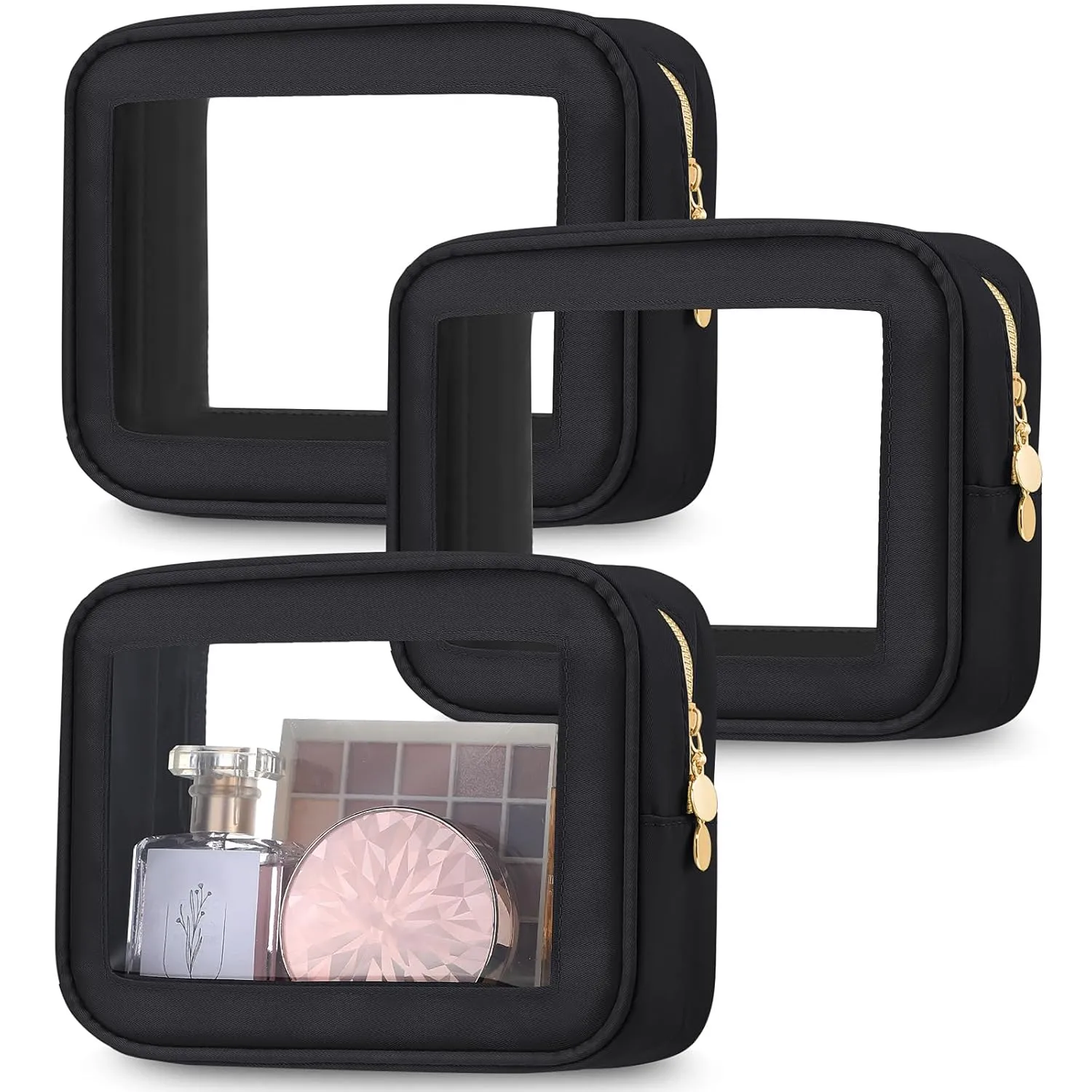 Abbylike 3 Pcs Clear Makeup Bags Travel Cosmetic Organizer Case Nylon Toiletry Bag with Zipper PVC Transparent Makeup Pouch Portable Storage Car Essentials for Women Gifts (Black)