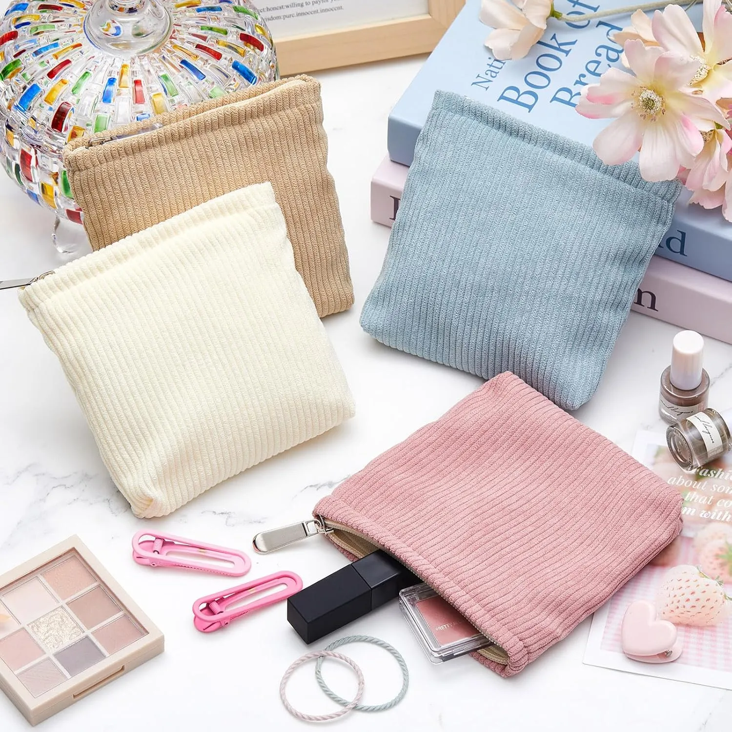 Abbylike 4 Pcs Floral Makeup Bag Corduroy Cosmetic Bag with Zipper Portable Small Pouches for Purse Toiletry Mini Pouch Cute Mini Makeup Purse for Coin Essentials Items Women(Plain)