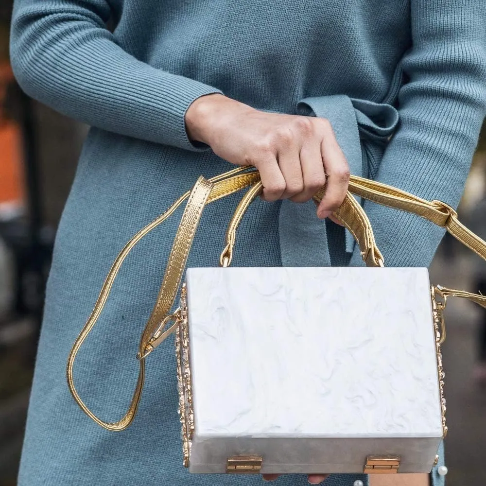 Acrylic & Flower Designer Shoulder Bags for Women Crossbody Bag Rhinestones Top-Handle Box Tote Handbags
