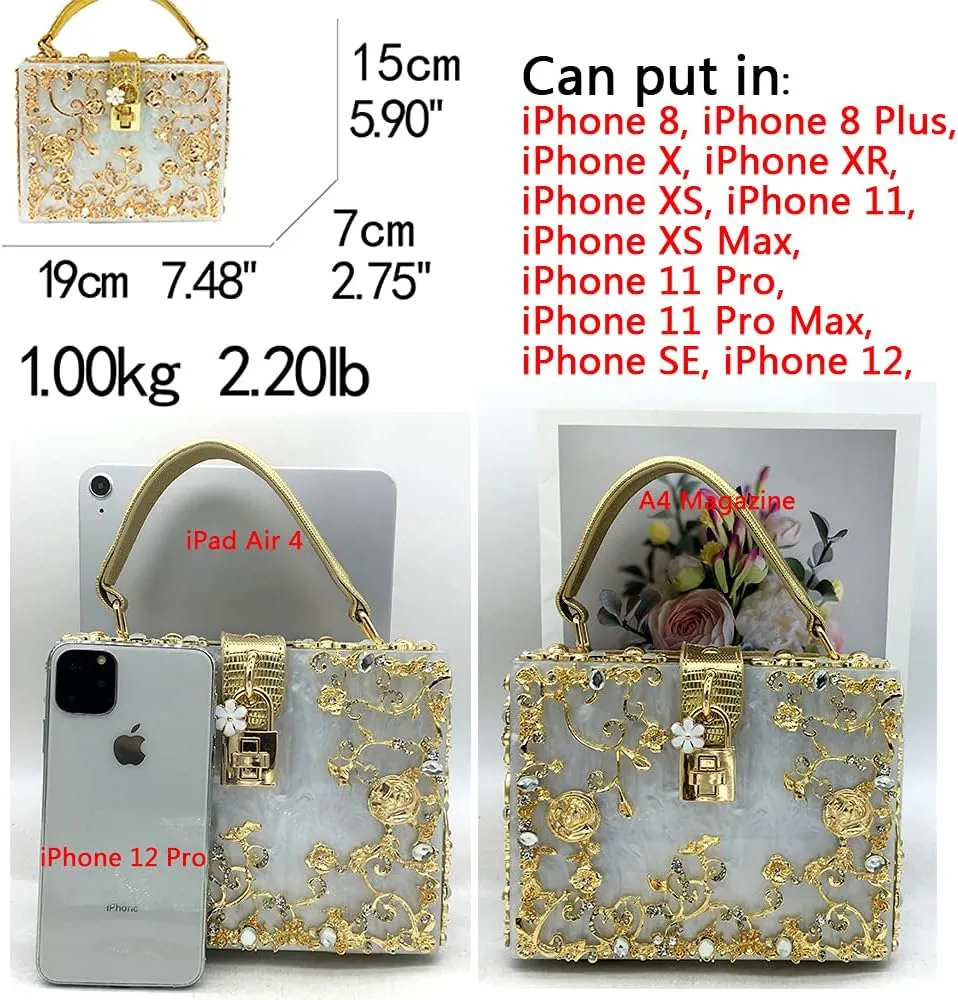 Acrylic & Flower Designer Shoulder Bags for Women Crossbody Bag Rhinestones Top-Handle Box Tote Handbags