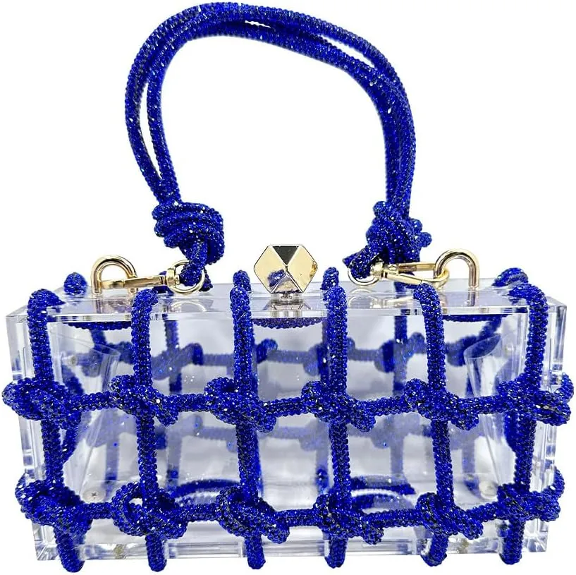 Acrylic Clear Clutch with Rhinestone Evening Bags for Women Glittering Rope, Perfect for Party Prom Club Darkblue