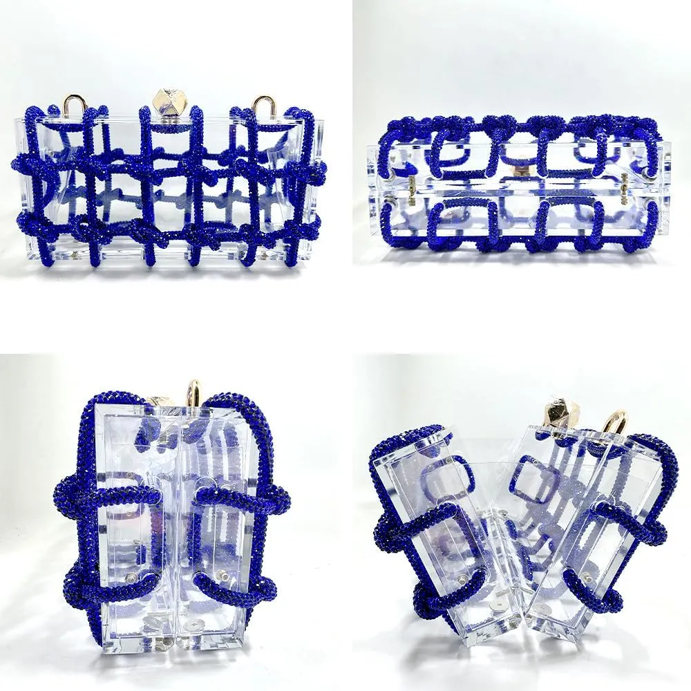 Acrylic Clear Clutch with Rhinestone Evening Bags for Women Glittering Rope, Perfect for Party Prom Club Darkblue