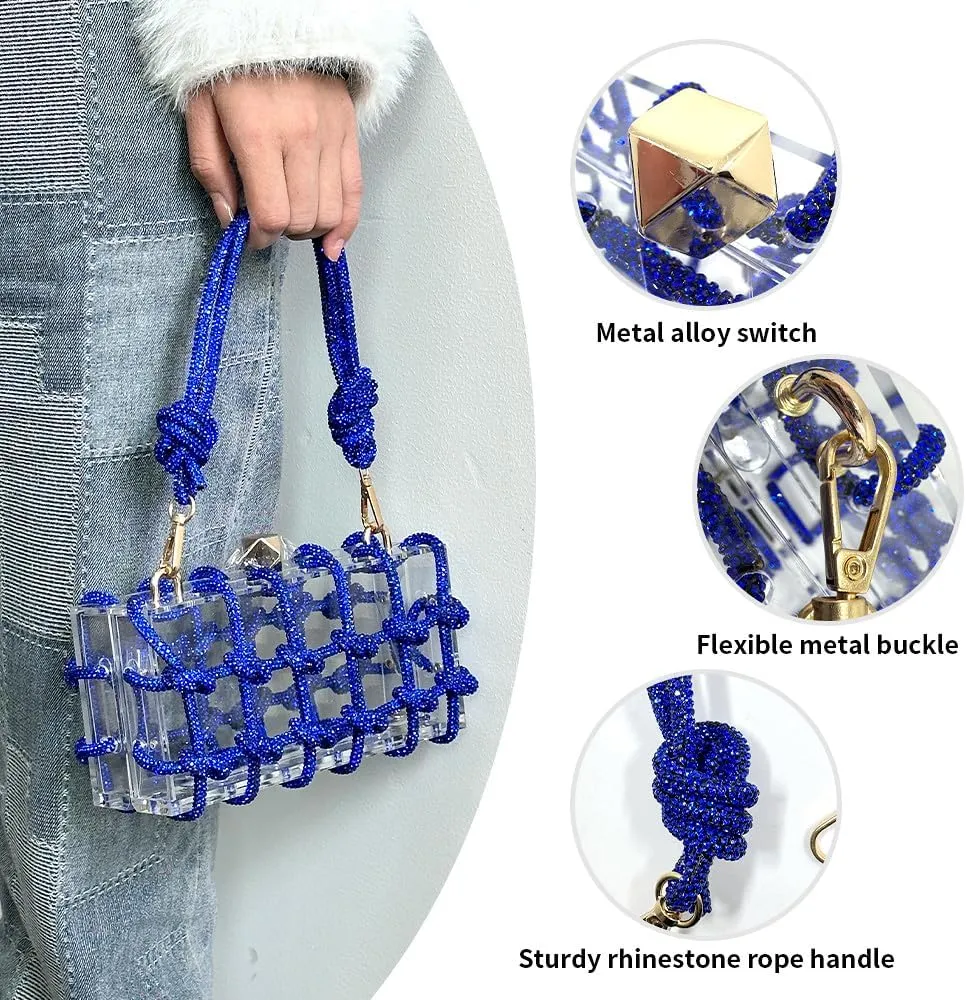Acrylic Clear Clutch with Rhinestone Evening Bags for Women Glittering Rope, Perfect for Party Prom Club Darkblue