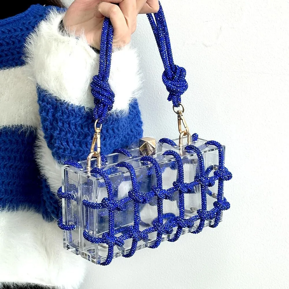 Acrylic Clear Clutch with Rhinestone Evening Bags for Women Glittering Rope, Perfect for Party Prom Club Darkblue