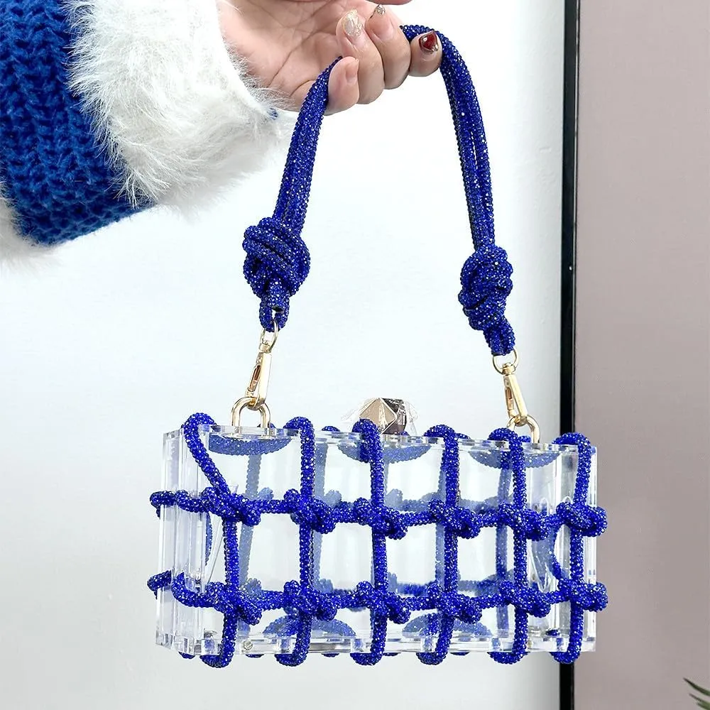 Acrylic Clear Clutch with Rhinestone Evening Bags for Women Glittering Rope, Perfect for Party Prom Club Darkblue