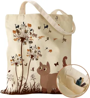 Aesthetic Canvas Tote Bag with Inner Pocket for Women, Cloth Cotton Totes Bag with Pattern for Shopping, Gym