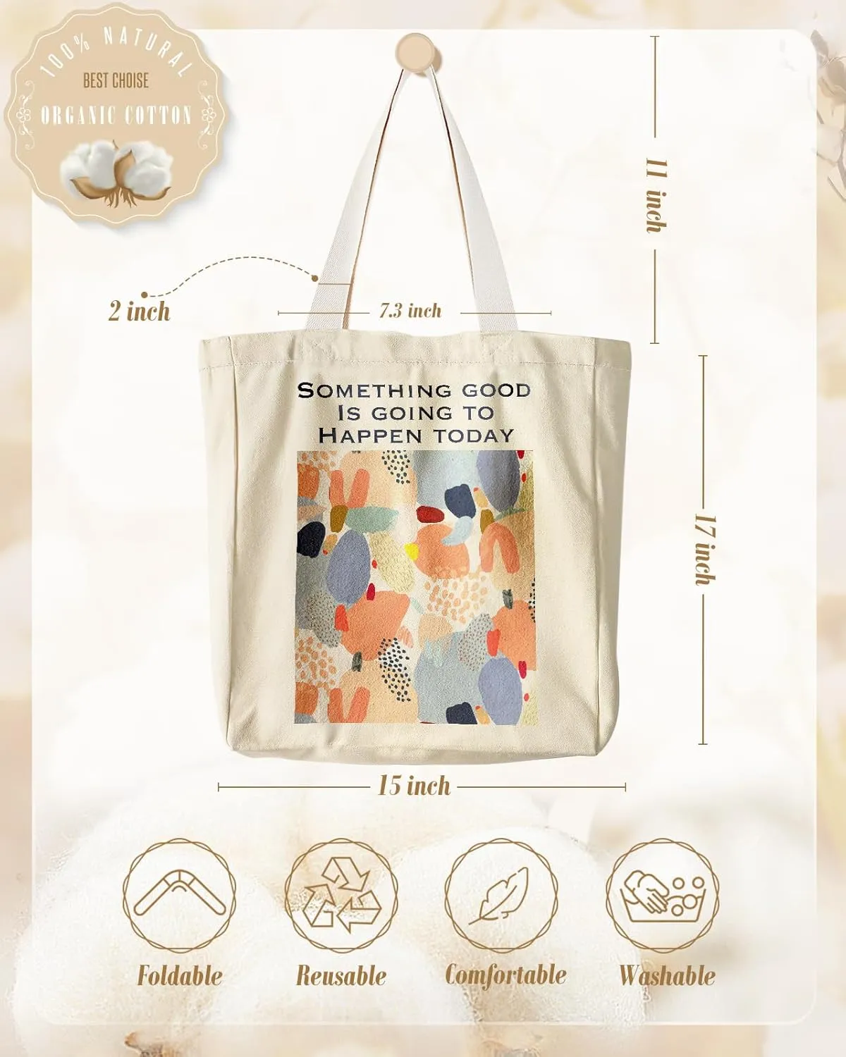 Aesthetic Heavy Canvas Tote Bag with Pocket for Women, Cloth Gusseted Totes Bag with Pattern for Shopping