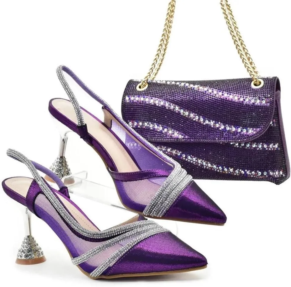 African Bridal Rhinestone Shoes and Bag Set Luxury Pointed Toe Wedding Pumps for Bride