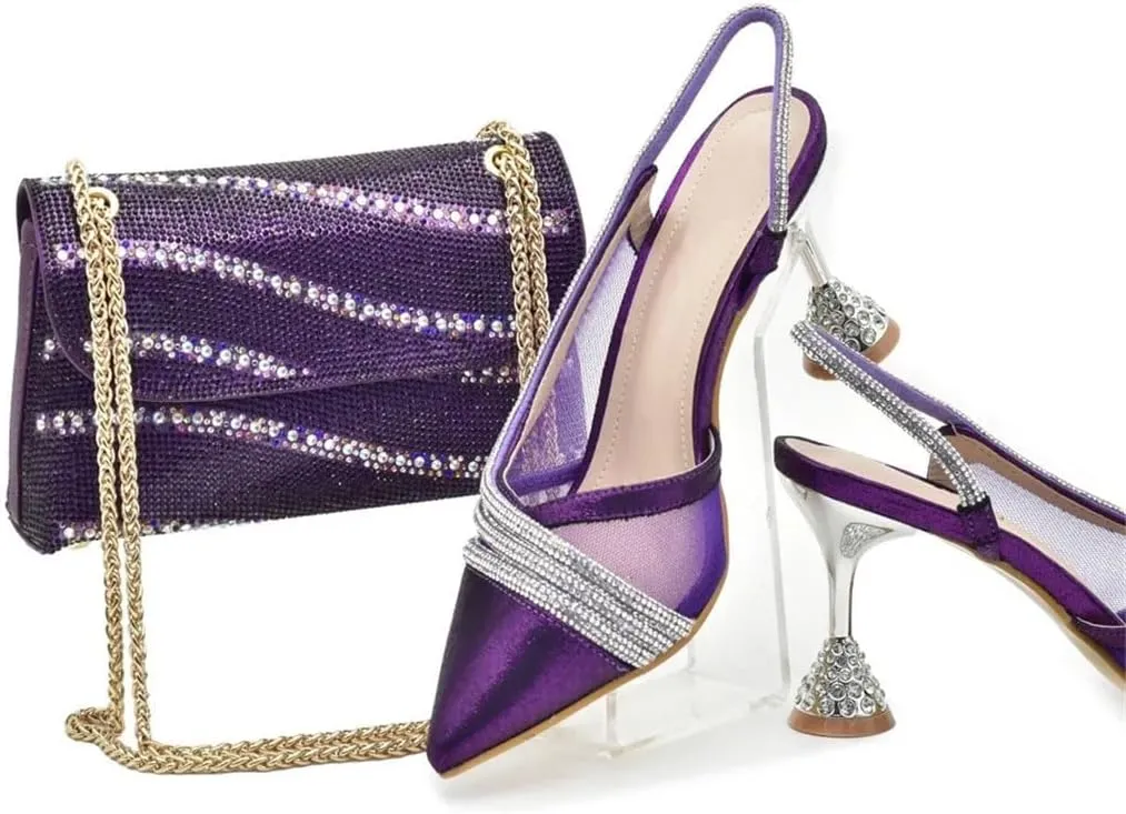 African Bridal Rhinestone Shoes and Bag Set Luxury Pointed Toe Wedding Pumps for Bride