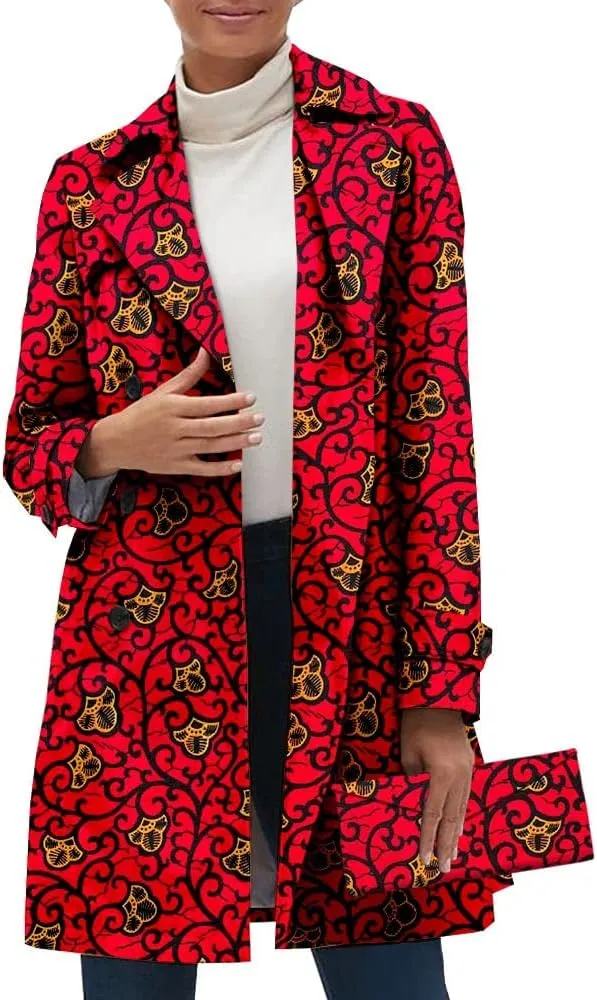 African Women Casual Coat Ankara Print Open Front Long Blazer Jacket Dashiki Outwear Matching Handbag