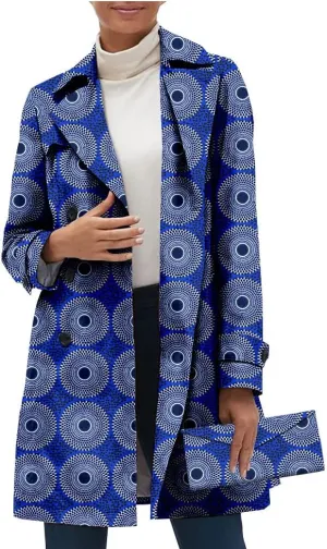 African Women Casual Coat Ankara Print Open Front Long Blazer Jacket Dashiki Outwear Matching Handbag