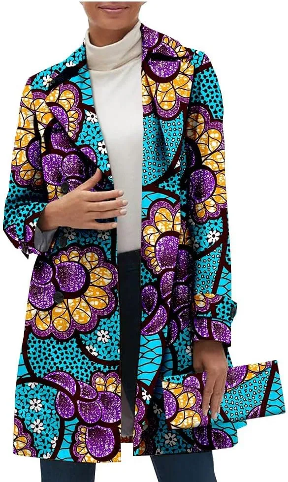African Women Casual Coat Ankara Print Open Front Long Blazer Jacket Dashiki Outwear Matching Handbag