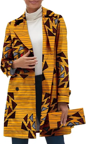 African Women Casual Coat Ankara Print Open Front Long Blazer Jacket Dashiki Outwear Matching Handbag