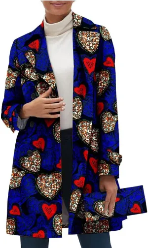 African Women Casual Coat Ankara Print Open Front Long Blazer Jacket Dashiki Outwear Matching Handbag