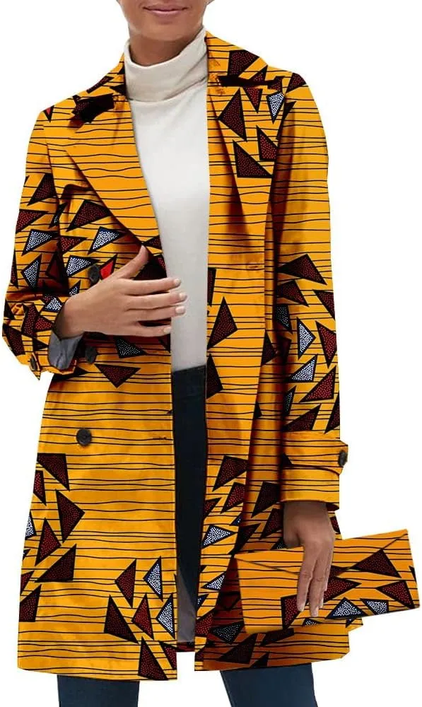 African Women Casual Coat Ankara Print Open Front Long Blazer Jacket Dashiki Outwear Matching Handbag